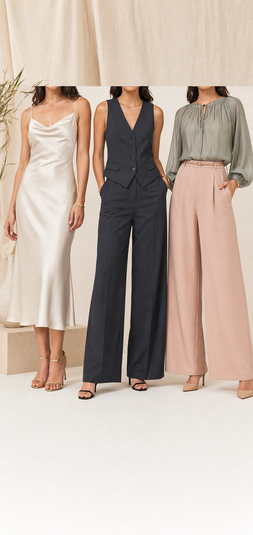 Three polished womenswear looks featuring a satin dress, tailored set, and gathered blouse.