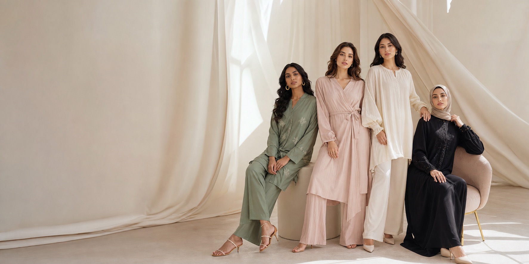 Women wearing elegant Shahaso-inspired dresses and soft co-ord sets in a bright studio.