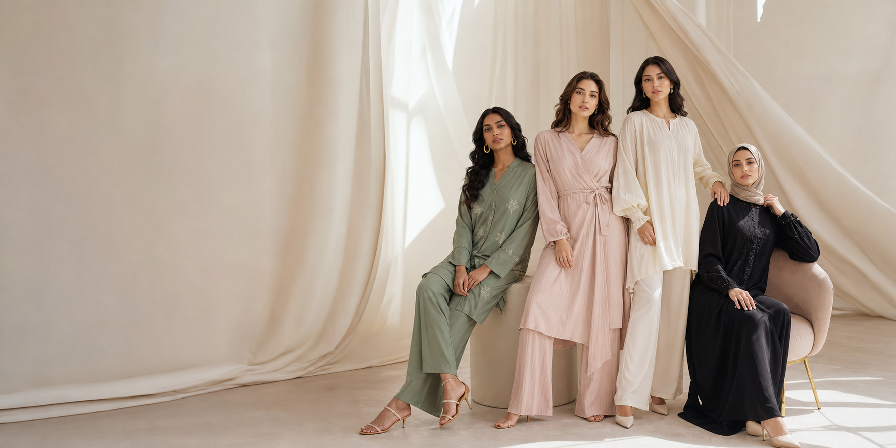 Women wearing elegant Shahaso-inspired dresses and soft co-ord sets in a bright studio.